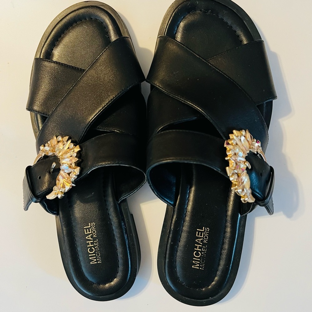 Michael Kors Women's Flats- Open Back Rhinestone Buckle Black Leather- Size 7